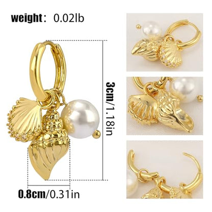 Dangle Gold Charm Earrings for Women 14K Gold Plated Bow Cherry Rose Zirconia Dragonfly Love Heart Wing Cross Pearl Conch Seashell Huggie Hoop Earring Drop Cross Trendy Party Jewelry Gifts for Women - style: Seashell and Pearl