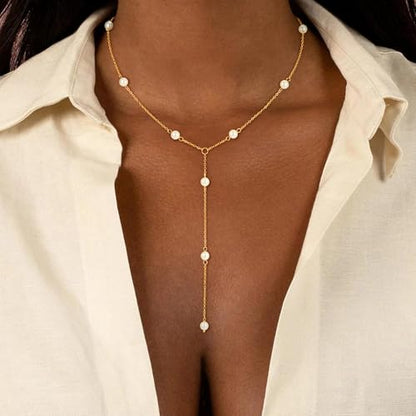 Pearl Necklaces for Women - 14K Gold Plated Y-Shaped Choker Necklace for Women, Gold Jewelry Beaded Necklace Gifts for Teens - color: Y-Pearl-5