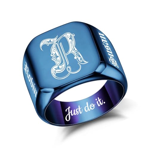 Custom Signet Ring for Men Personalized Initial Ring Custom Mens Rings Engraved Ring Customized Memorial Graduation Gifts for Father Husband Boyfriend Friends - color: Square Blue