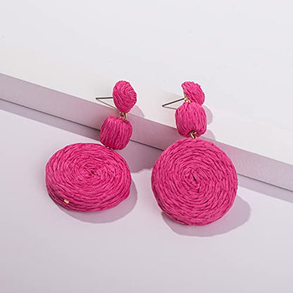 Statement Raffia Boho Round Dangle Ball Earrings - Cute Handmade Summer Bohemian Dangling Jewelry for Women - color: Rose