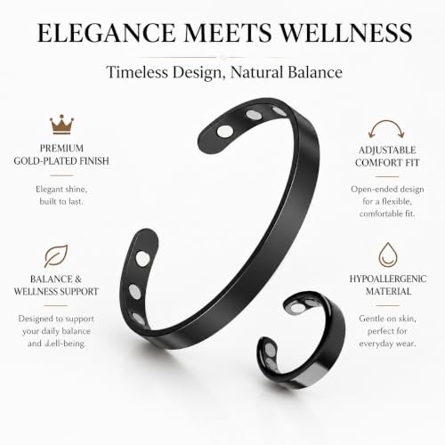 Calming Bracelet Ring Set for Women, Menopause Bracelets Adjustable Bangle Stainless Steel Cuff Climacterium Anxiety Stress Relief Energy Open Jewelry Gift - color: Black + Black