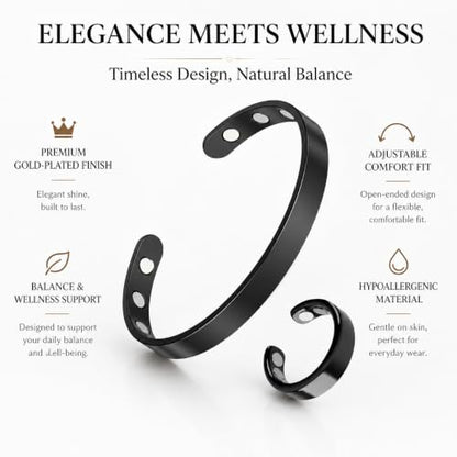 Calming Bracelet Ring Set for Women, Menopause Bracelets Adjustable Bangle Stainless Steel Cuff Climacterium Anxiety Stress Relief Energy Open Jewelry Gift - color: Black + Black