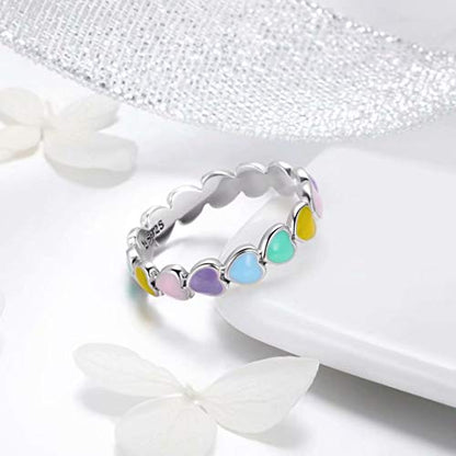 Qings 925 Sterling Silver Multi Color Heart Enamel Band Ring for Women | Smooth enamel craftsmanship on genuine sterling silver creates a bright fashion statement for women casual everyday wear