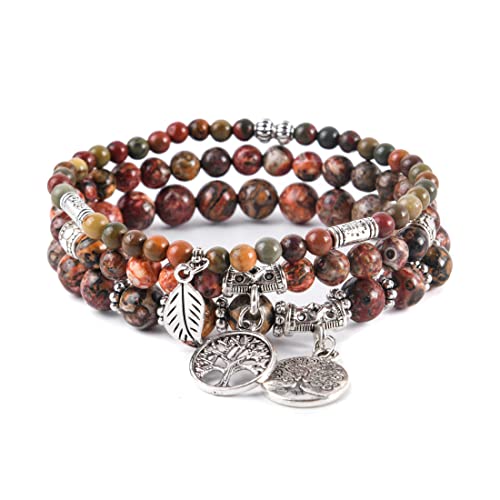 YGLINE Tree of Life Yoga Healing Stone Bracelets,Multilayer Lotus Chakra Stone Reiki Bracelet Sets,Anxiety Crystal Natural Stone,for Women Stress Relief - color: Leopard Skin Jasper-3w