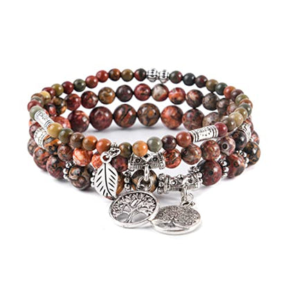 YGLINE Tree of Life Yoga Healing Stone Bracelets,Multilayer Lotus Chakra Stone Reiki Bracelet Sets,Anxiety Crystal Natural Stone,for Women Stress Relief - color: Leopard Skin Jasper-3w