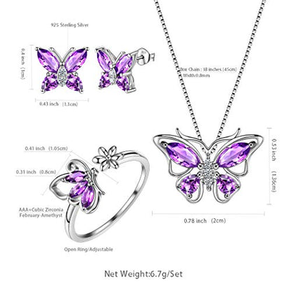 Aurora Tears Butterfly Jewelry,Women 925 Sterling Silver Butterflies Birthstone Pendant Necklace/Earrings/Rings Wedding Gift - color: B.February-set 2