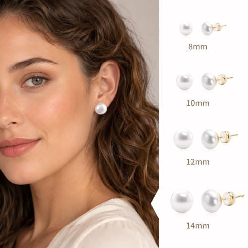 Simulated Pearl Stud Earrings for Women | S925 Sterling Silver Posts, Hypoallergenic Lightweight Classic Elegant Pearl Jewelry Gift, 8/10/12/14mm - color: White, size: 14mm