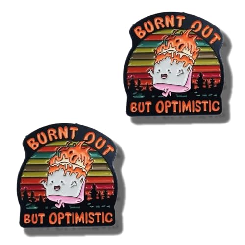 2PCS Burnt Out But Optimistic Retro Sunset Enamel Lapel Pin, Funny Quote Slogan Brooch, Positive inspirational Apparel Decor for Denim Jacket Backpack Baseball Cap Daily Casual Outfit Accessory