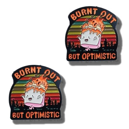 2PCS Burnt Out But Optimistic Retro Sunset Enamel Lapel Pin, Funny Quote Slogan Brooch, Positive inspirational Apparel Decor for Denim Jacket Backpack Baseball Cap Daily Casual Outfit Accessory
