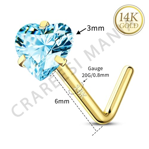 14K Real Gold Nose Studs 20G Nose Rings Studs L Shaped Nose Rings for Women Men Diamond CZ Nose Piercing - color: Yellow Gold-Heart BLCZ