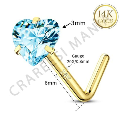 14K Real Gold Nose Studs 20G Nose Rings Studs L Shaped Nose Rings for Women Men Diamond CZ Nose Piercing - color: Yellow Gold-Heart BLCZ