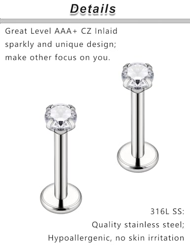 20G 18G 16G Titanium Flat Back Nose Rings Studs Hypoallergenic Lip Labret Monroe Medusa Internally threaded Tragus Cartilage Helix Earrings Studs Piercing Jewelry for Women Men 6mm 8mm 10mm - color: 16G -Flat Back With Screw on Tops-Clear CZ