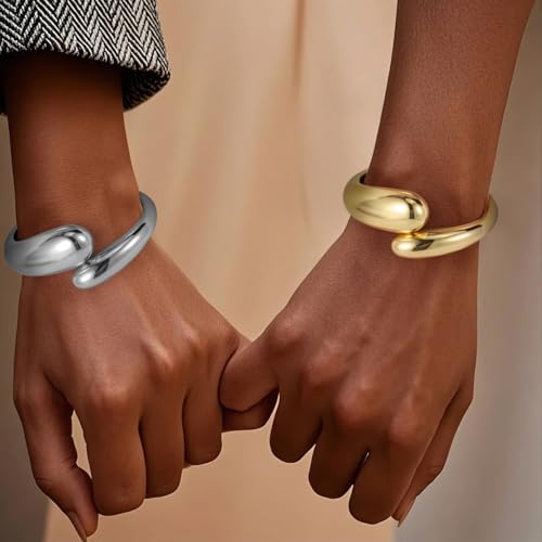 Emibele Cuff Bracelet Stack, 18K Gold-plated Open Bangle Bracelet, Teardrop Hinged Thick Wrist Chunky Bracelet Set for Women, Non Tarnish Jewelry Gift, 2 Pack - color: Gold + Silver