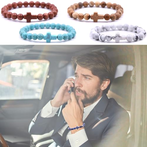 Beaded Bracelets Cross Bracelet for Women Men Lava Rock Turquoise Tiger Eye Natural Bracelet Anxiety Healing - color: 5Pcs-coloured cross