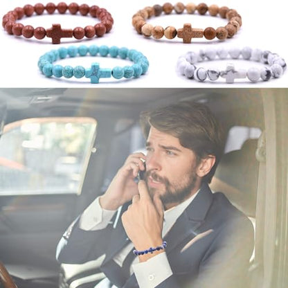 Beaded Bracelets Cross Bracelet for Women Men Lava Rock Turquoise Tiger Eye Natural Bracelet Anxiety Healing - color: 5Pcs-coloured cross