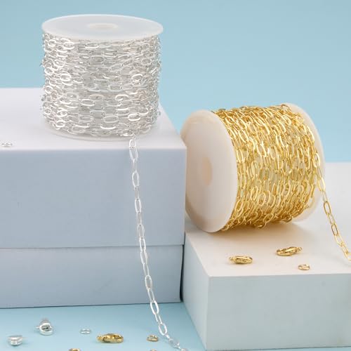 Kyutong 32.8 FT Gold and Silver Jewelry Making Chains Paperclip Chain Links | 2 Rolls Paper Clip Chain Necklace Brass Jewelry Findings with Clasps for Women DIY Jewelry Crafts - color: 3.2x6.3 Paperclip Chain