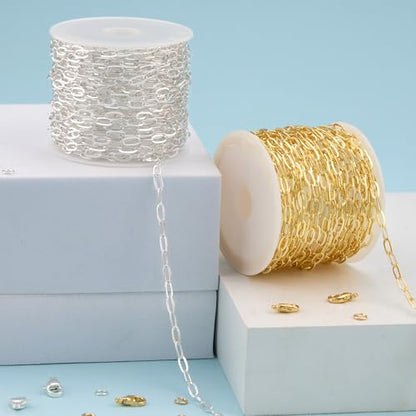Kyutong 32.8 FT Gold and Silver Jewelry Making Chains Paperclip Chain Links | 2 Rolls Paper Clip Chain Necklace Brass Jewelry Findings with Clasps for Women DIY Jewelry Crafts - color: 3.2x6.3 Paperclip Chain