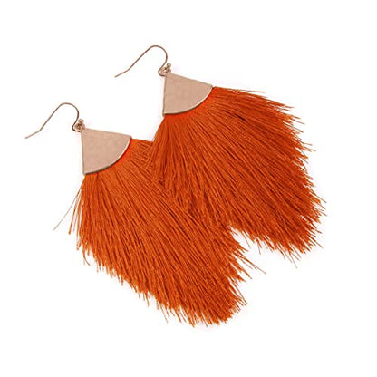 Bohemian Silky Thread Fan Fringe Tassel Statement Earrings - Lightweight Strand Feather Shape Dangles - color: Feather Fringe - Burnt Orange