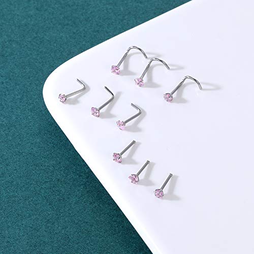 ZS 20G Nose Stud Rings Set, Stainless Steel CZ Nose Piercing Jewelry | Hypoallergenic Nose Bone Rings, L Shaped & Screw Nose Studs, 3mm CZ Stone Nostril Jewelry for Women Men - color: 9pcs Mixed style(Pink)