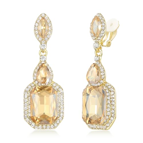 Women's Wedding Bridal Crystal Emerald Cut Infinity Figure 8 Chandelier Clip-On Dangle Earrings - color: Yellow Gold-Tone