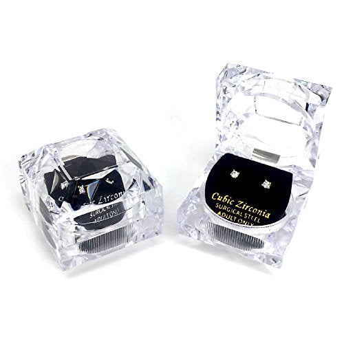 Stainless Steel Round Cut Cubic Zirconia Stud Earrings With Clear Case - Gold, Silver (3mm~12mm) - color: 3mm-Silver