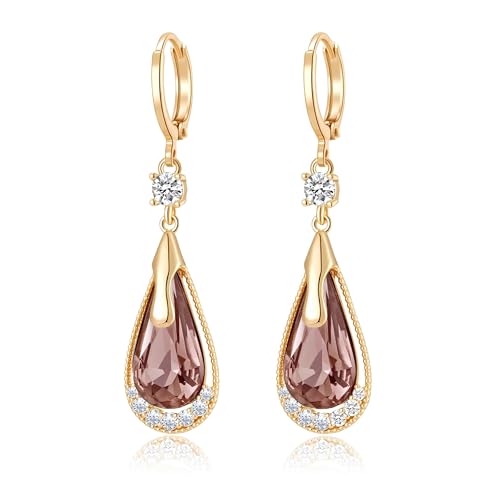 Trendy Austrian Crystal Teardrop Drop Huggie Dangle Earrings for Women 14k Rose Gold Plated Hypoallergenic Jewelry Gifts - color: Antique Pink