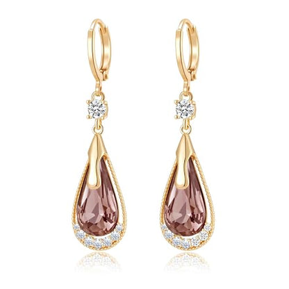Trendy Austrian Crystal Teardrop Drop Huggie Dangle Earrings for Women 14k Rose Gold Plated Hypoallergenic Jewelry Gifts - color: Antique Pink