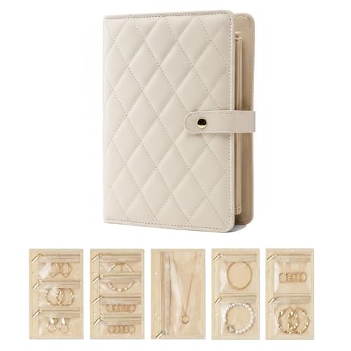 Travel Jewelry Organizer Case, Compact Jewelry Storage Bags Book Binder with 5 Clear Zipper, Earring Necklace Roll up Organizer Velvet Pouch for Traveling(Beige)
