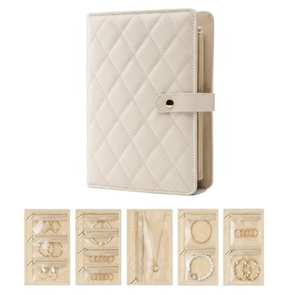 Travel Jewelry Organizer Case, Compact Jewelry Storage Bags Book Binder with 5 Clear Zipper, Earring Necklace Roll up Organizer Velvet Pouch for Traveling(Beige)