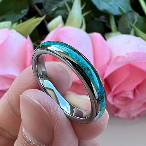 TUTISS 4mm Silver/Black Tungsten Rings for Women Men Engagement Wedding Bands Genuine Blue Green Galaxy Opal Inlay Domed Polished Comfort Fit - color: 4mm Tungsten Green Opal
