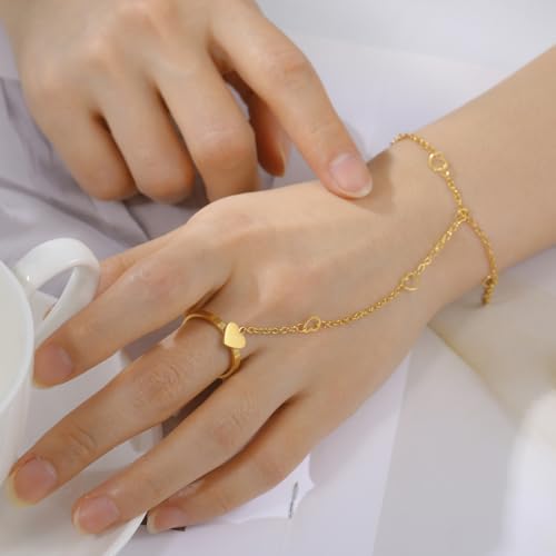 UNIFT Hand Chain Bracelets for Women Set Stainless Steel Adjustable Heart or Four-Leaf Clover Ring Chain Bracelet Trendy Dainty Jewelry Set Gifts - color: gold1