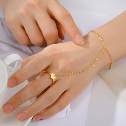 UNIFT Hand Chain Bracelets for Women Set Stainless Steel Adjustable Heart or Four-Leaf Clover Ring Chain Bracelet Trendy Dainty Jewelry Set Gifts - color: gold1