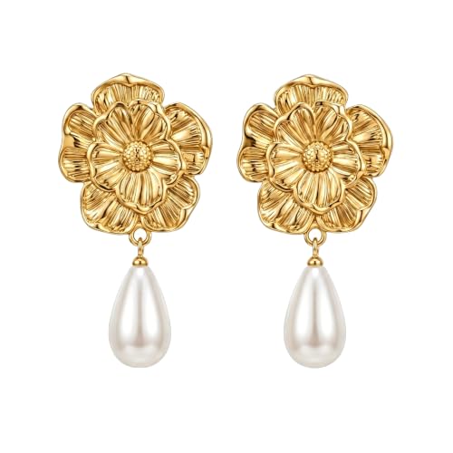 Chunky Gold Plated Flower Statement Drop Earrings for Women | Hypoallergenic 18K Gold Plated Textured Petal Wing, Large Statement Dangle Earrings for Wedding Party - color: Sunflower Pearl