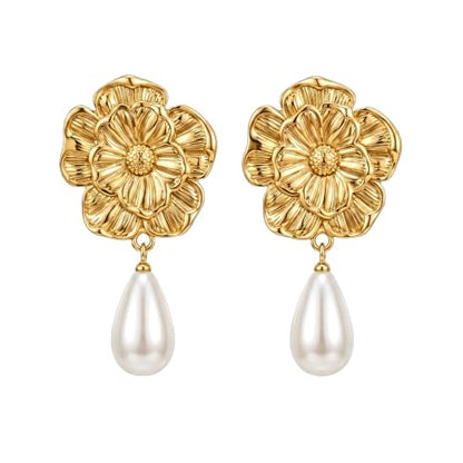 Chunky Gold Plated Flower Statement Drop Earrings for Women | Hypoallergenic 18K Gold Plated Textured Petal Wing, Large Statement Dangle Earrings for Wedding Party - color: Sunflower Pearl