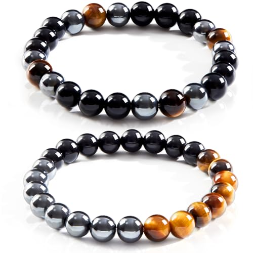 Triple Protection Bracelet Set, Healing Crystal Beaded Bracelets, Genuine Tiger Eye Black Obsidian Hematite, Gift for Men and Women, Natural Stone Jewelry for Grounding Energy and Stress Relief - color: Guardian Stack