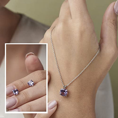 MAX + STONE 14k Gold Plated or Sterling Silver Cushion Cut Gemstone Stud Earrings and Pendant Necklace for Women with 6mm and 8mm Birthstones 18 Inch Chain and Push Backs Jewelry Set - style: Sterling Silver|Genuine Amethyst