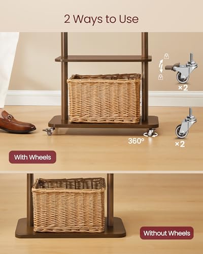 VASAGLE Freestanding Coat Rack Stand with 7 Hooks, 2 Shelves, 4 Removable 360° Swivel Wheels, Wooden Hooks and Pole, for Entryway, Bedroom, Living Room, Walnut Brown URCR053KJ01 - color: Walnut Brown, style: Minimalist