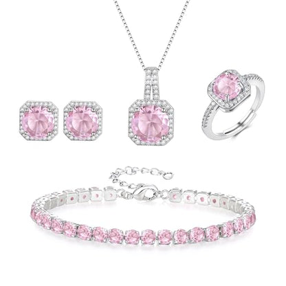 EVER FAITH Wedding Jewelry Set for Bride Bridesmaid, Glamour Teardrop Cubic Zirconia Pendant Necklace Earrings Tennis Bracelet Open Ring Sets for Birthday/Valentine's Day/Mother's Day/Christmas - color: B_Pink