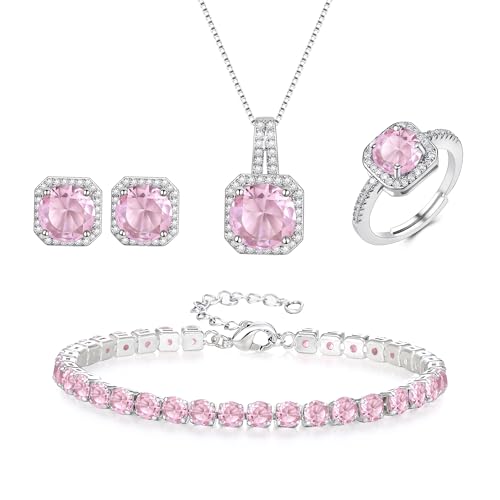 EVER FAITH Wedding Jewelry Set for Bride Bridesmaid, Glamour Teardrop Cubic Zirconia Pendant Necklace Earrings Tennis Bracelet Open Ring Sets for Birthday/Valentine's Day/Mother's Day/Christmas - color: B_Pink