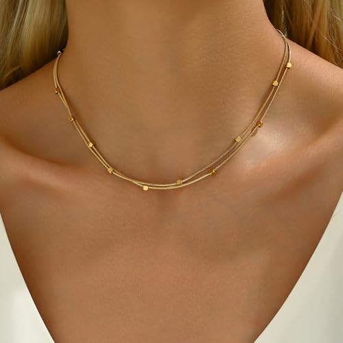 18K Gold Plated Layered Herringbone Necklaces for Women Dainty Layering Beaded Snake Chain Choker Moon Coin Pendant Necklace Trendy Stainless Steel Jewelry - color: Double Square-Gold