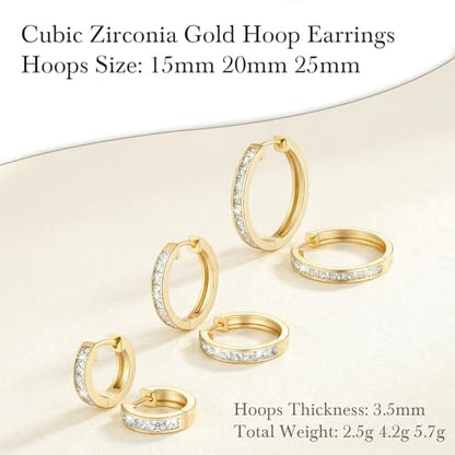 14K Gold Earrings for Women Gold Hoop Earrings for Women | Dainty Gold Earrings for Women Stylish 14K Gold Hoop Earrings for Women Square Cubic Zirconia Huggie Hoop Earrings 15/20/25mm - size: 25mm