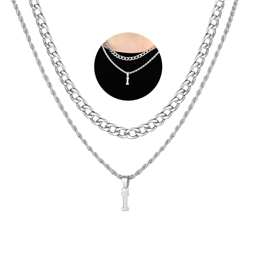 SENRAN Layered Initial A-Z Letter Necklace for Men Stainless Steel | Figaro Twist Rope Chain 18-20 inch Personalized Letter Charm Pendant Jewelry Gift for Women - style: I.