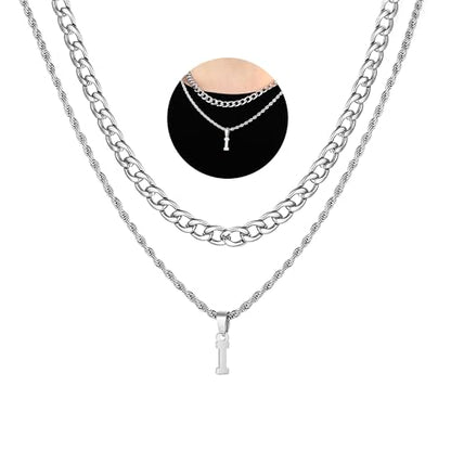 SENRAN Layered Initial A-Z Letter Necklace for Men Stainless Steel | Figaro Twist Rope Chain 18-20 inch Personalized Letter Charm Pendant Jewelry Gift for Women - style: I.