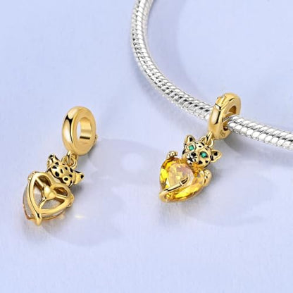 Hapour 925 Sterling Silver Charms for Bracelet Necklace Dangle Pendant Bead | Whale Shark Charm, Glow in the Dark, Matryoshka Russian Doll Baking European Jewelry Charm, 14k Gold Plated - style: Golden Leopard Holding a Heart