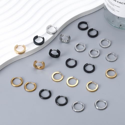NEWITIN 12 Pairs Stainless Steel Hoop Earrings for Men Women Huggie Earring | Hypoallergenic, Gold Silver Black, Sensitive Ears, Multi Style, Lightweight Round Circle Earring, Unisex Earrings, Men Hoops
