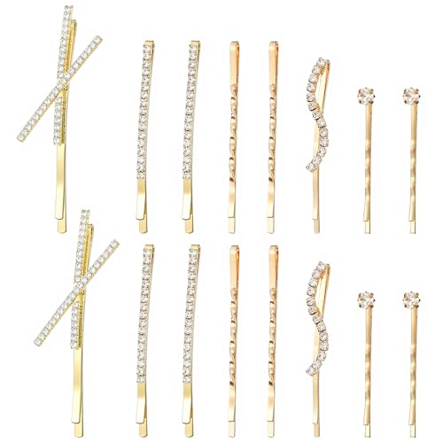 Nogeqi 16PCS Rhinestone Bobby Pins, Decorative Rhinestone Hair Clips, Elegant Metal Crystal Diamond Hair Pins for Women Girls Bridal Wedding Party Accessories (Gold)