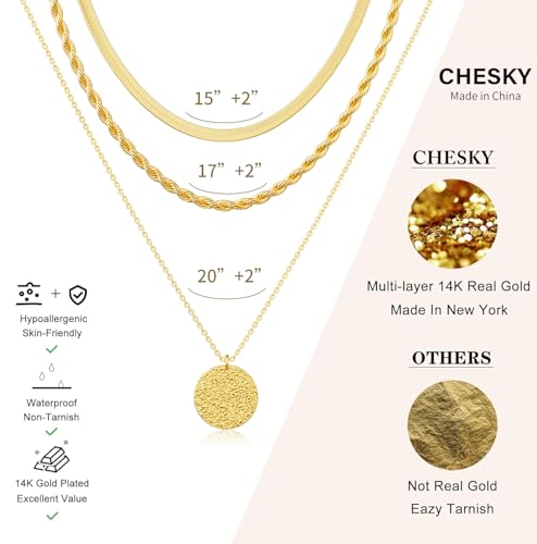 CHESKY Gold Layered Necklaces Set, 14K Gold Plated Paperclip Chain Stack | 3 Pcs Dainty Layering Necklaces, Gold CZ Pendant Necklace Trendy Jewelry Gift for Women Daily Wear - style: bar-gold