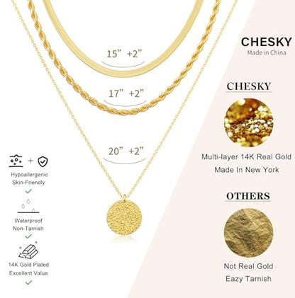 CHESKY Gold Layered Necklaces Set, 14K Gold Plated Paperclip Chain Stack | 3 Pcs Dainty Layering Necklaces, Gold CZ Pendant Necklace Trendy Jewelry Gift for Women Daily Wear - style: bar-gold