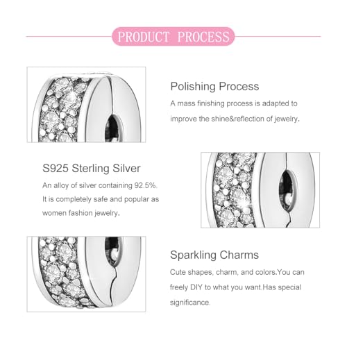 925 Sterling Silver Openable Clip Spacer Bead Fits Pandora Bracelet | Hypoallergenic Clip Stopper Charm, Star Clover Butterfly Floral Mom Heart Paved Zircon Gift for DIY Charm Bracelet Jewelry - color: Paved Zircon