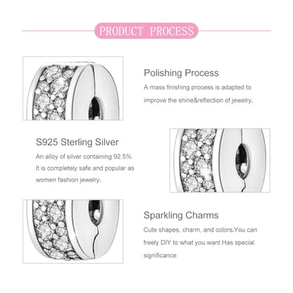 925 Sterling Silver Openable Clip Spacer Bead Fits Pandora Bracelet | Hypoallergenic Clip Stopper Charm, Star Clover Butterfly Floral Mom Heart Paved Zircon Gift for DIY Charm Bracelet Jewelry - color: Paved Zircon